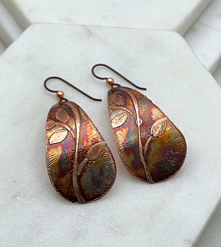 Large acid etched copper teardrop earrings