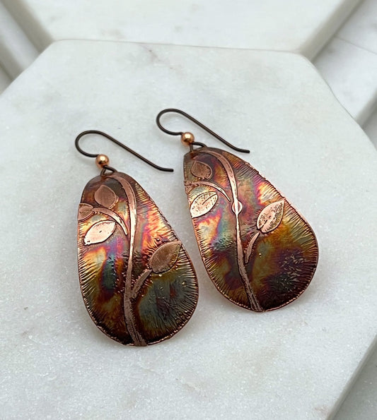 Large acid etched copper teardrop earrings
