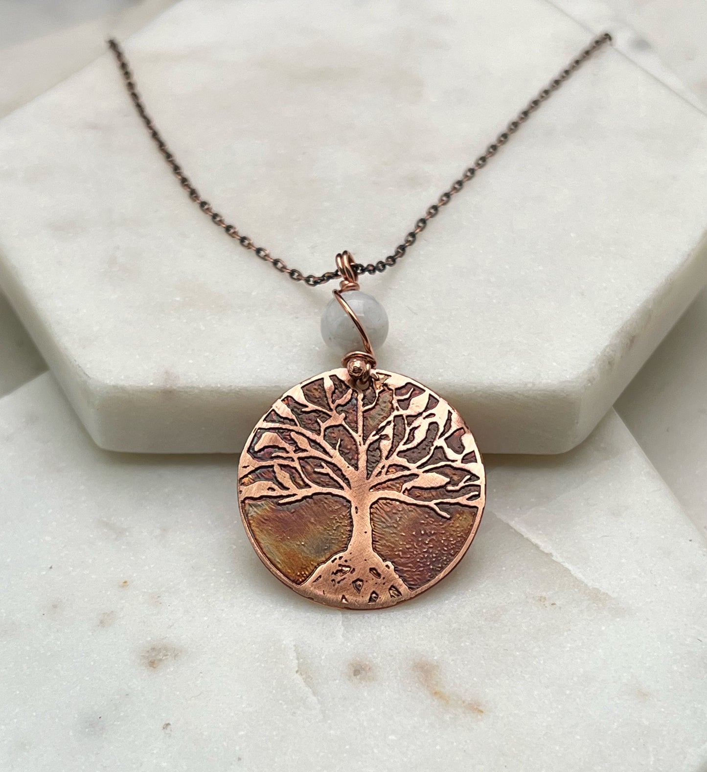 Copper and moonstone rooted tree necklace