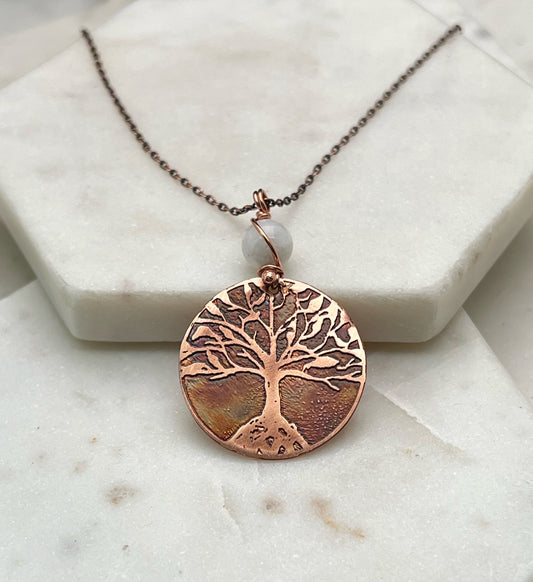 Copper and moonstone rooted tree necklace