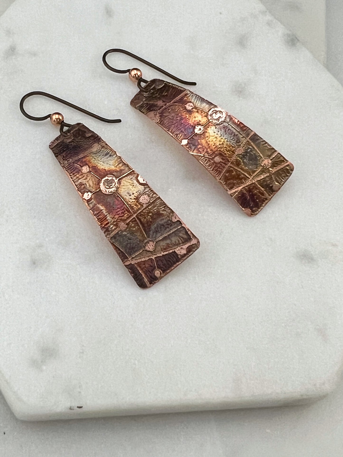 Acid etched copper irregular rectangle earrings