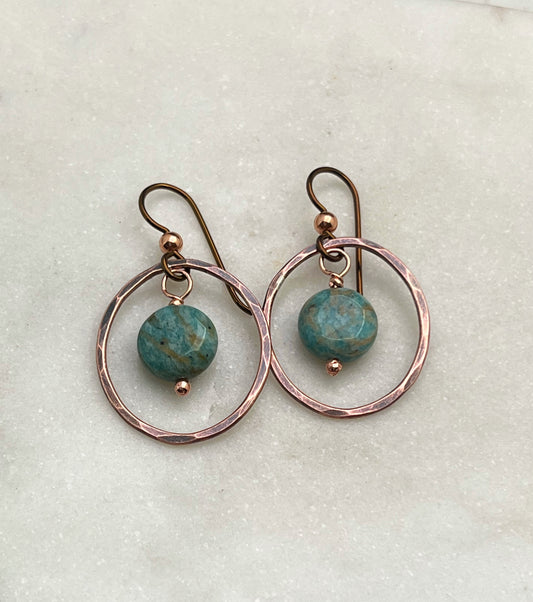 Copper and amazonite oval hoop earrings