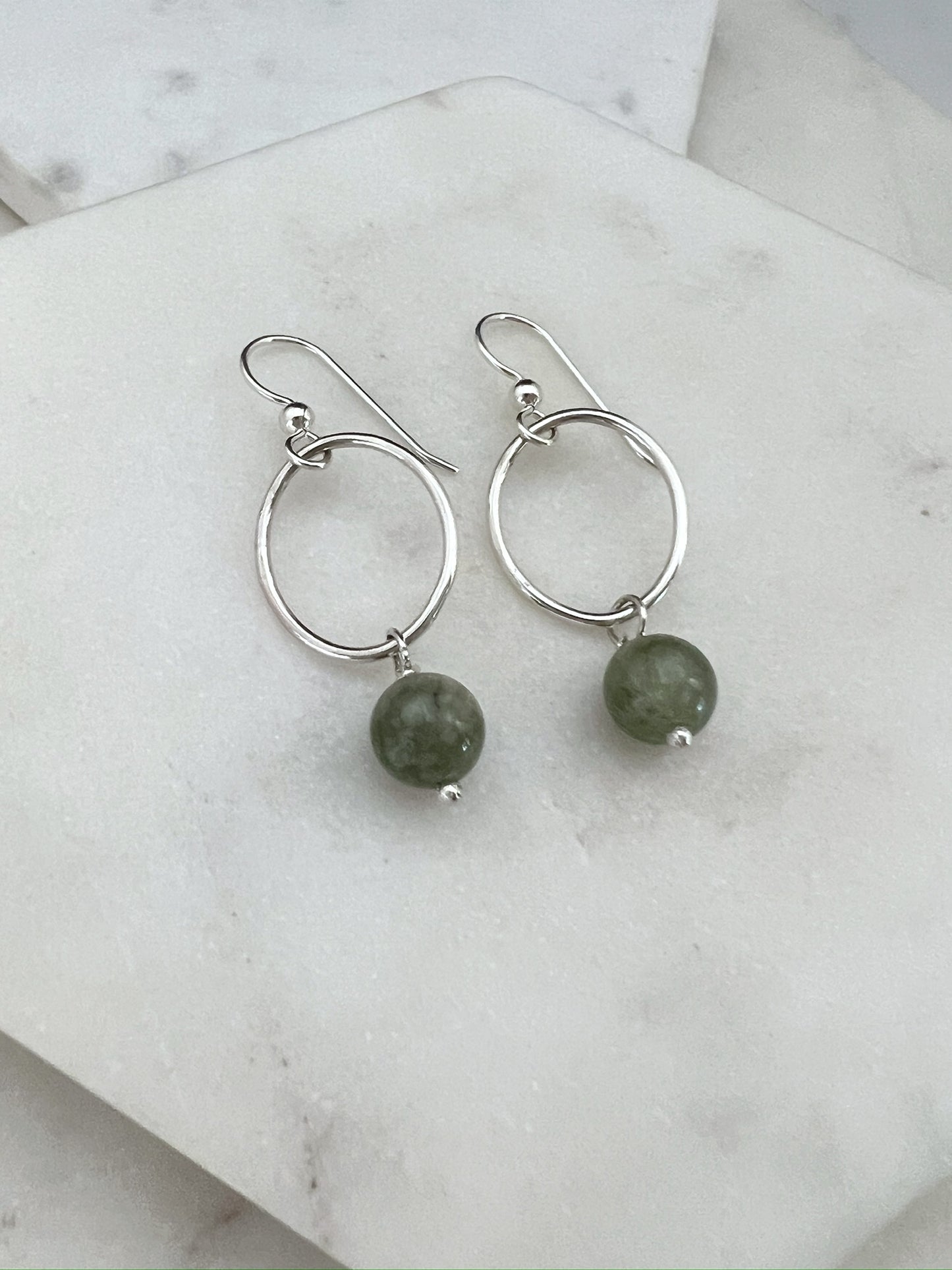 Sterling silver hoop earrings with jade gemstones