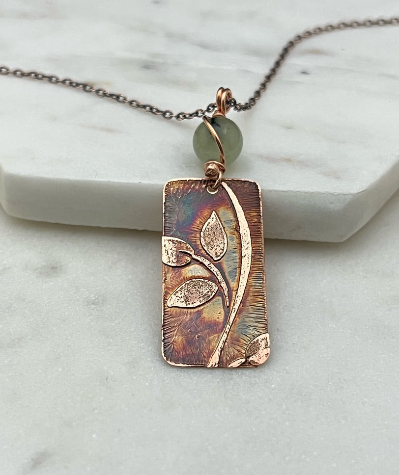 Acid etched copper leaf necklace with prehnite gemstone
