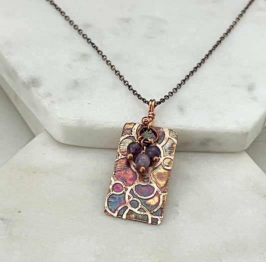 Acid etched copper and amethyst necklace