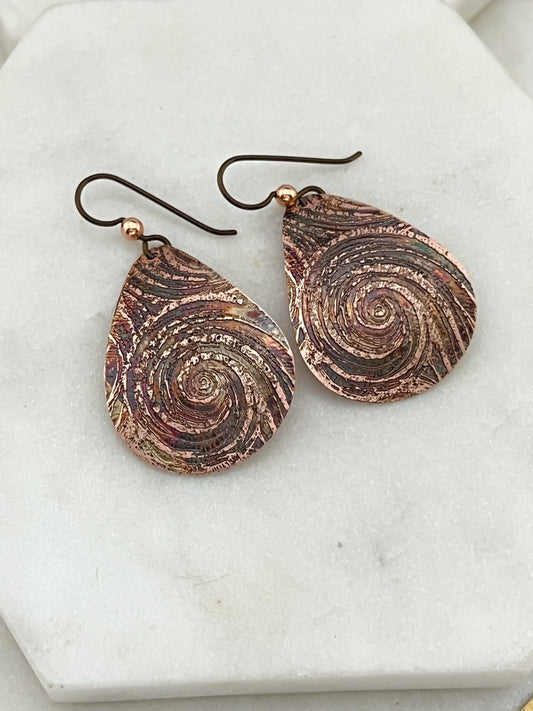Acid etched copper medium teardrop earrings