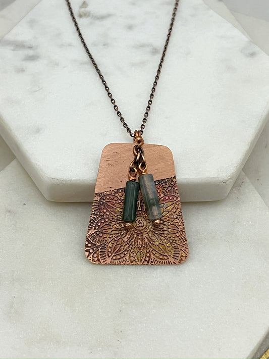 Acid etched copper necklace with moss agate gemstone