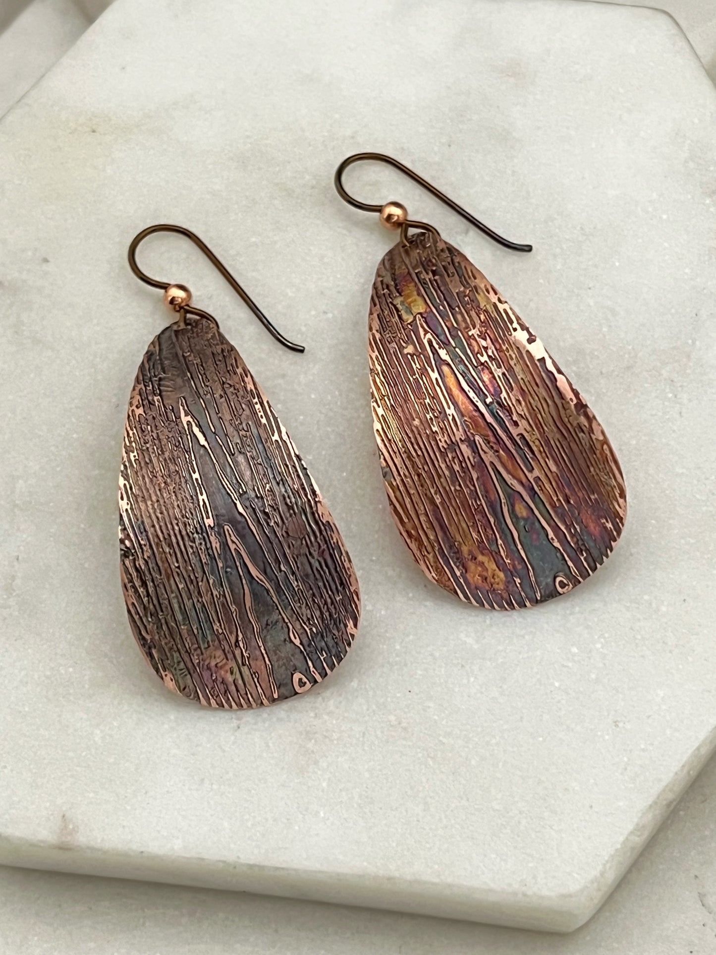 Large acid etched copper teardrop earrings