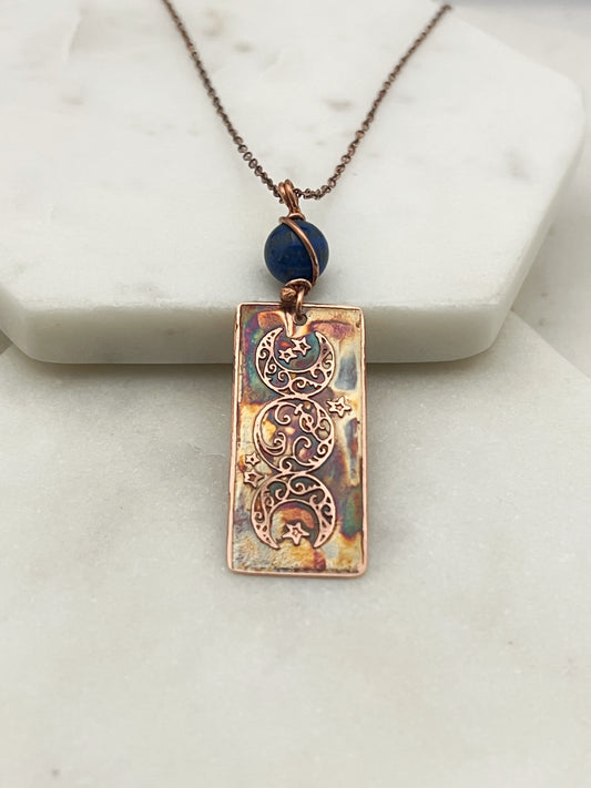 Acid etched copper and lapis triple moon necklace