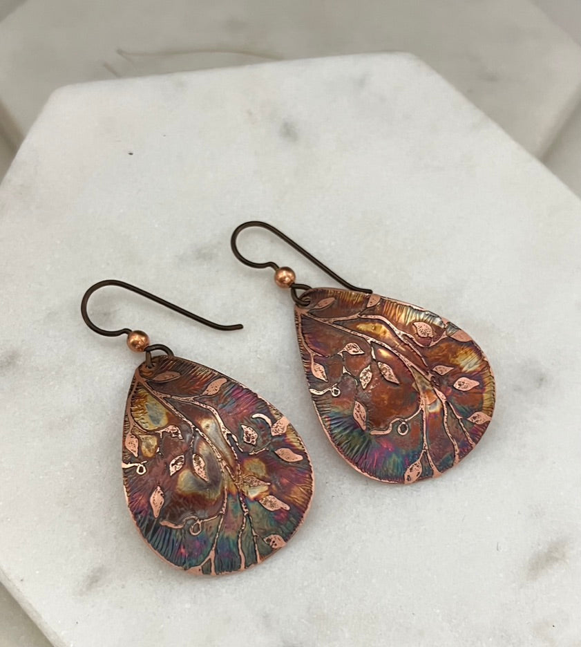 Acid etched copper medium teardrop earrings