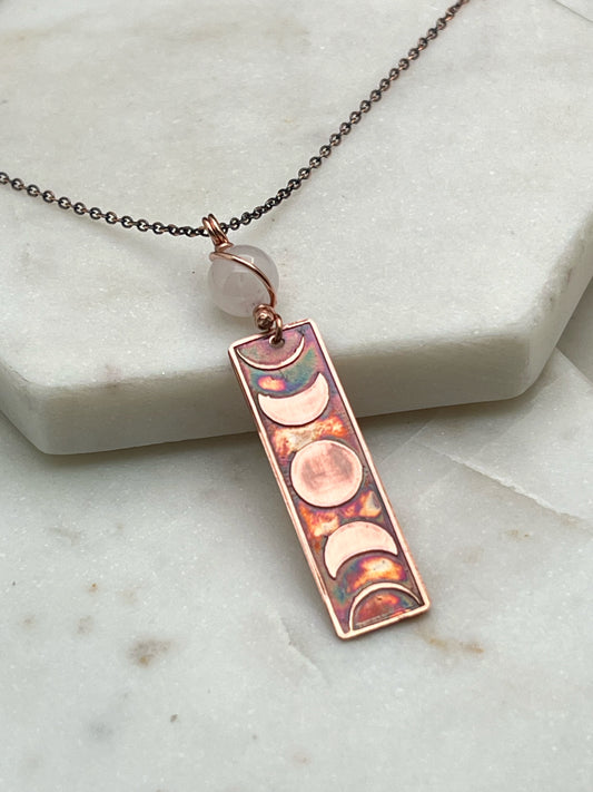 Moon phase acid etched copper necklace with rose quartz gemstone