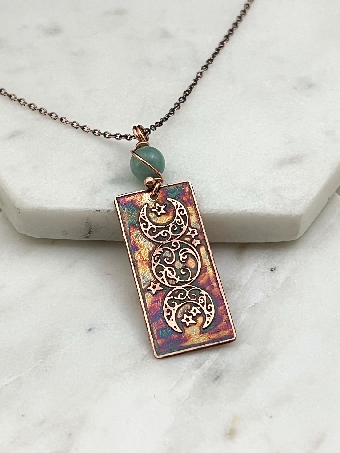 Acid etched copper moon necklace with amazonite gemstone