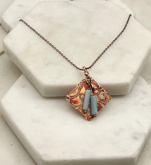 Acid etched copper necklace with amazonite gemstones