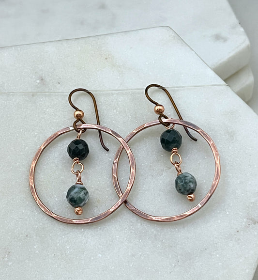 Copper hoops with India Agate gemstones