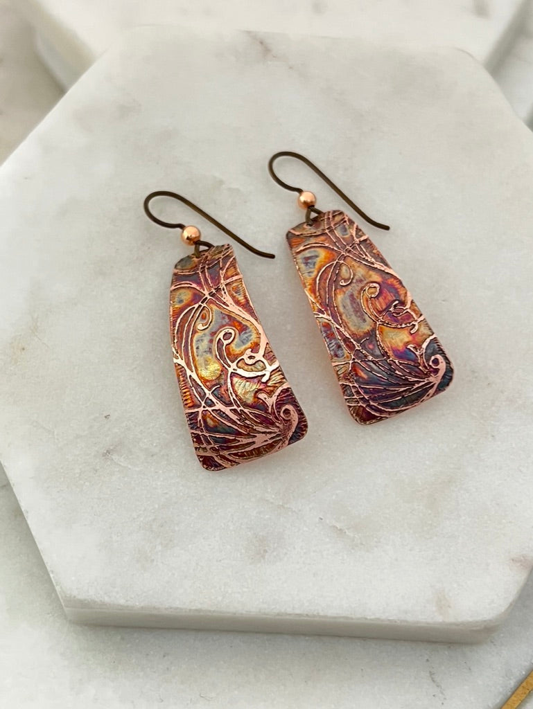 Acid etched copper irregular rectangle earrings