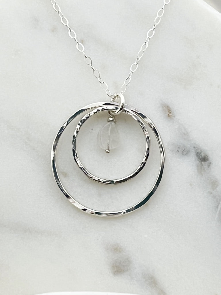 Sterling silver double hoop necklace with rainbow moonstone