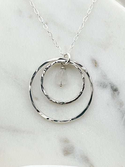 Sterling silver double hoop necklace with rainbow moonstone