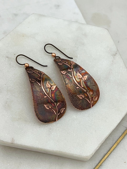 Large acid etched copper teardrop earrings