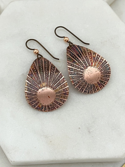 Acid etched copper medium teardrop earrings