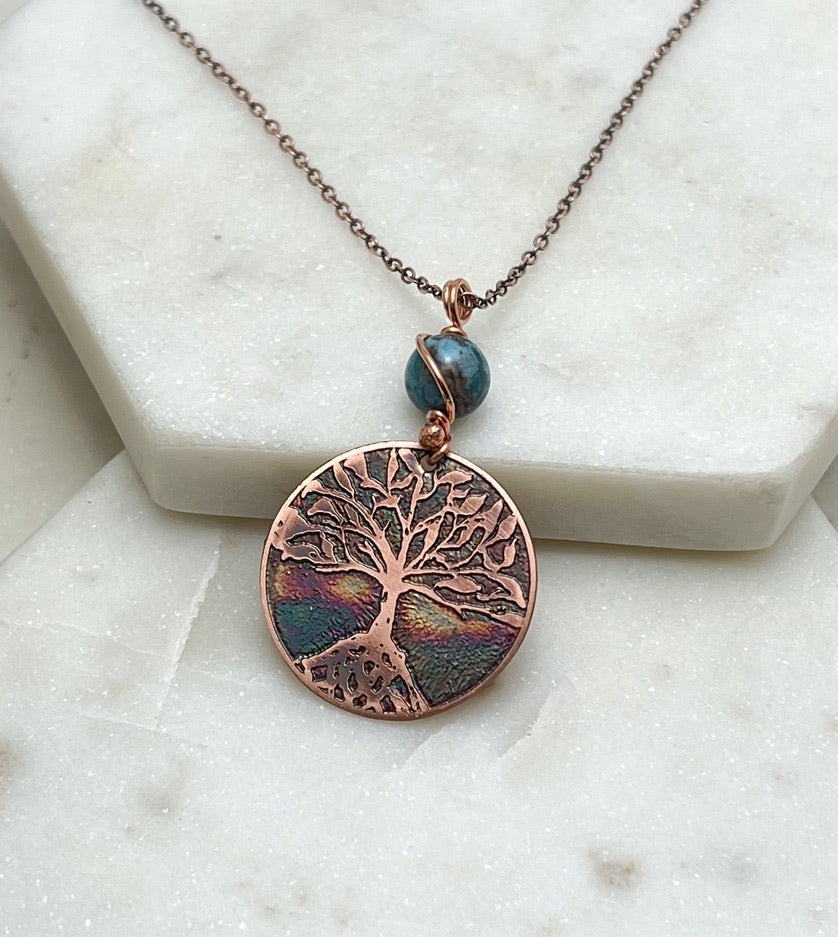 Copper and apatite rooted tree necklace
