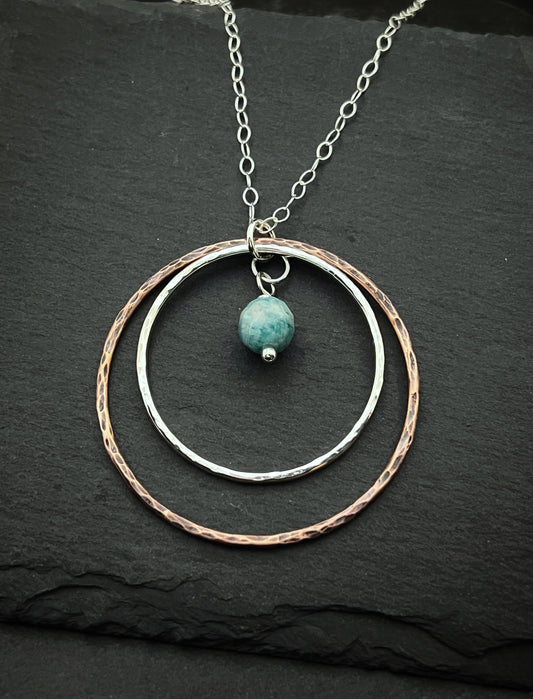 Sterling silver and copper forged hoop necklace with amazonite
