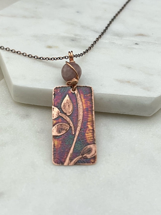 Acid etched copper leaf necklace with lepidolite gemstone