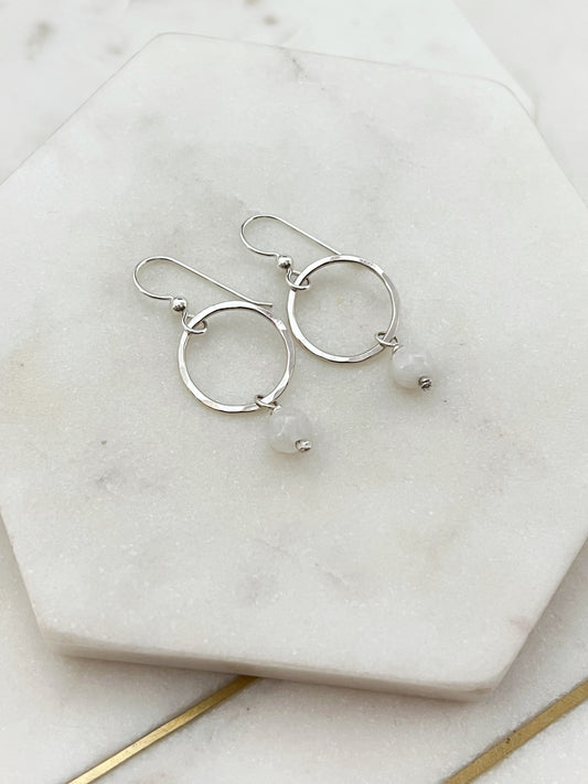 Sterling silver hoop earrings with moonstone gemstones