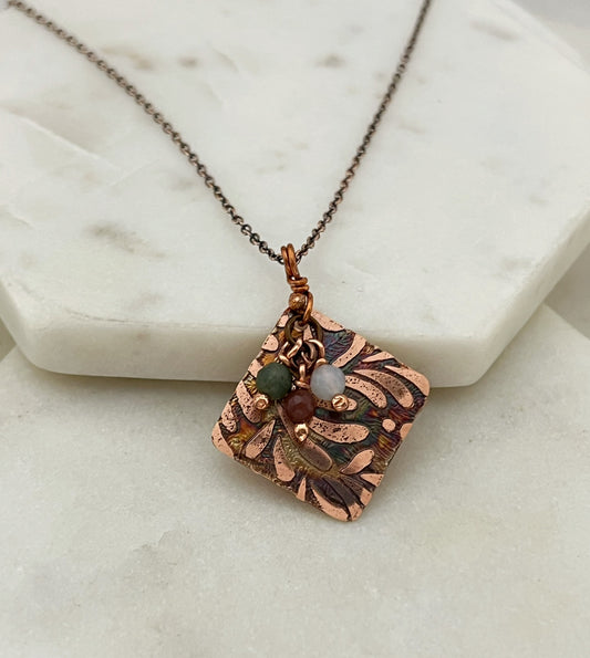 Acid etched copper necklace with india agate gemstones