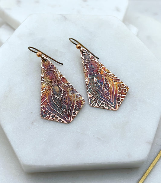 Acid etched copper earrings