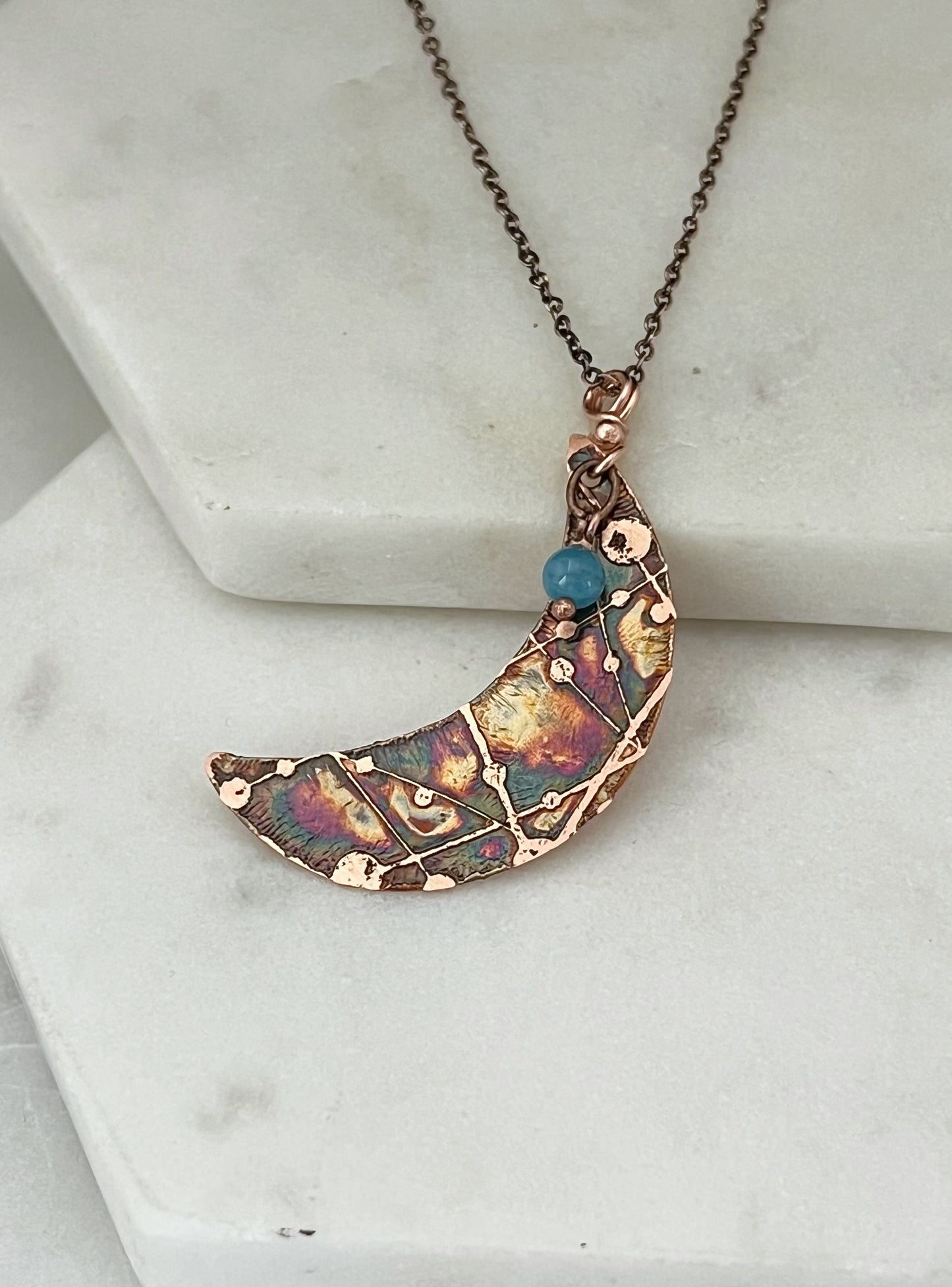 Acid etched copper crescent necklace with apatite gemstone
