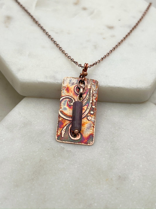 Acid etched copper and amethyst necklace