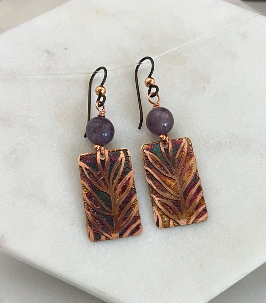 Acid etched copper earrings with amethyst gemstones