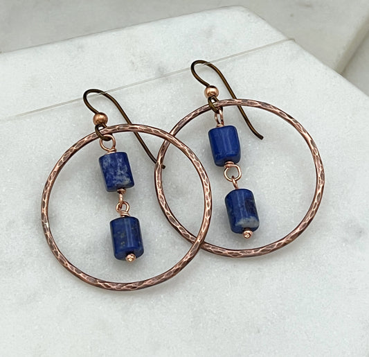 Copper hoops with lapis gemstones