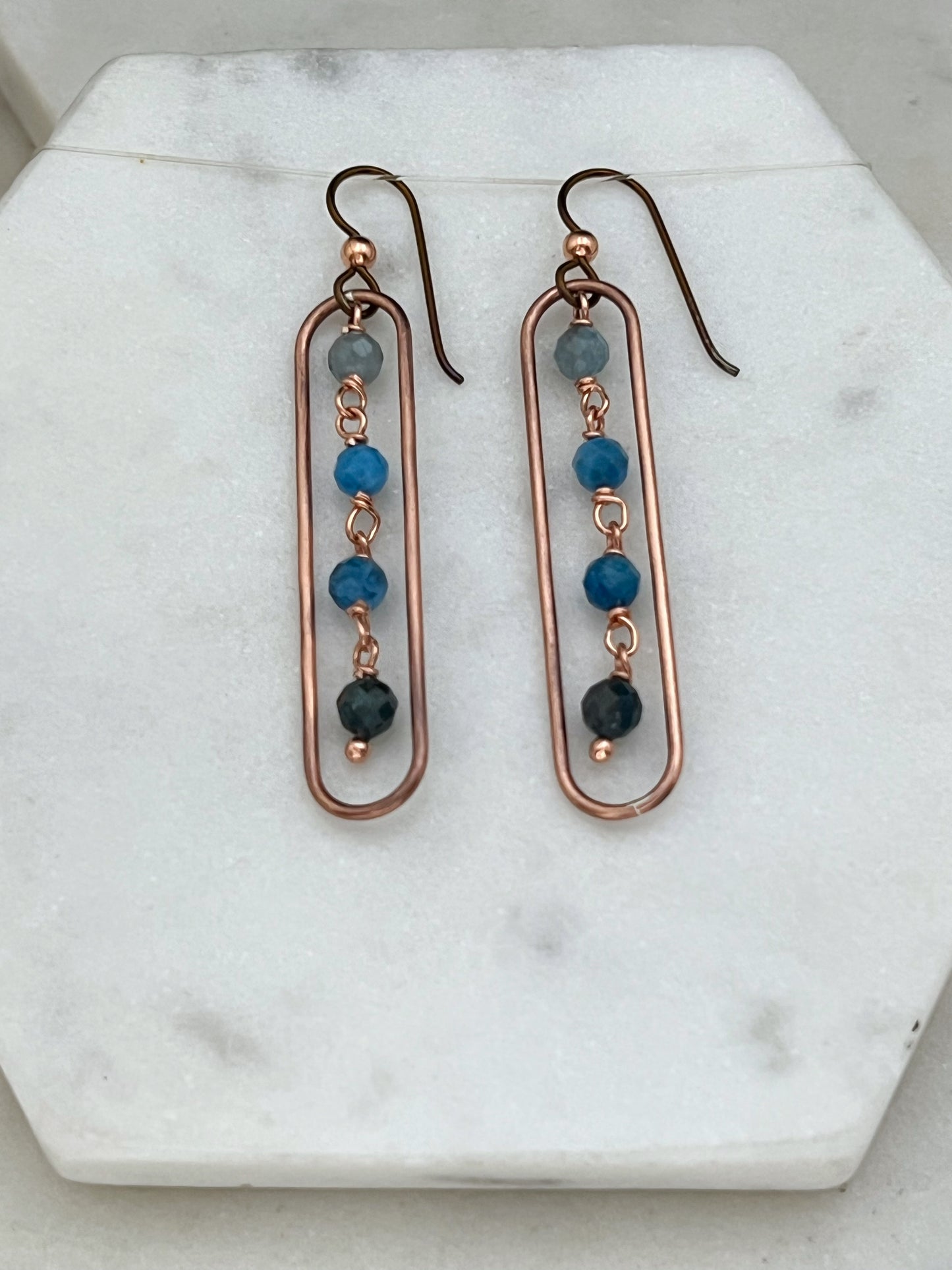 Copper oval hoops with apatite gemstones