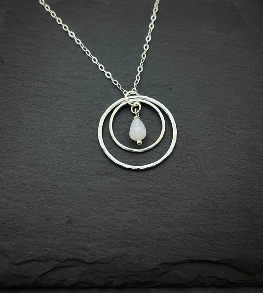 Sterling silver double hoop necklace with rainbow moonstone