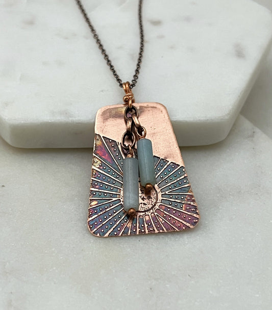 Acid etched copper necklace with amazonite gemstone