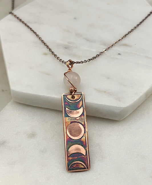 Moon phase acid etched copper necklace with rose quartz gemstone