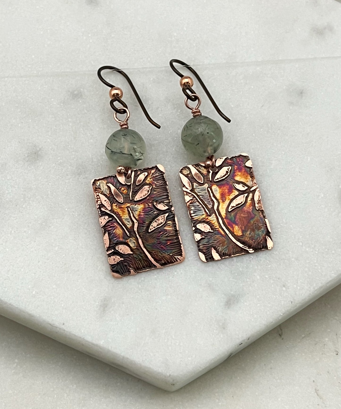 Acid etched copper earrings with prehnite gemstones