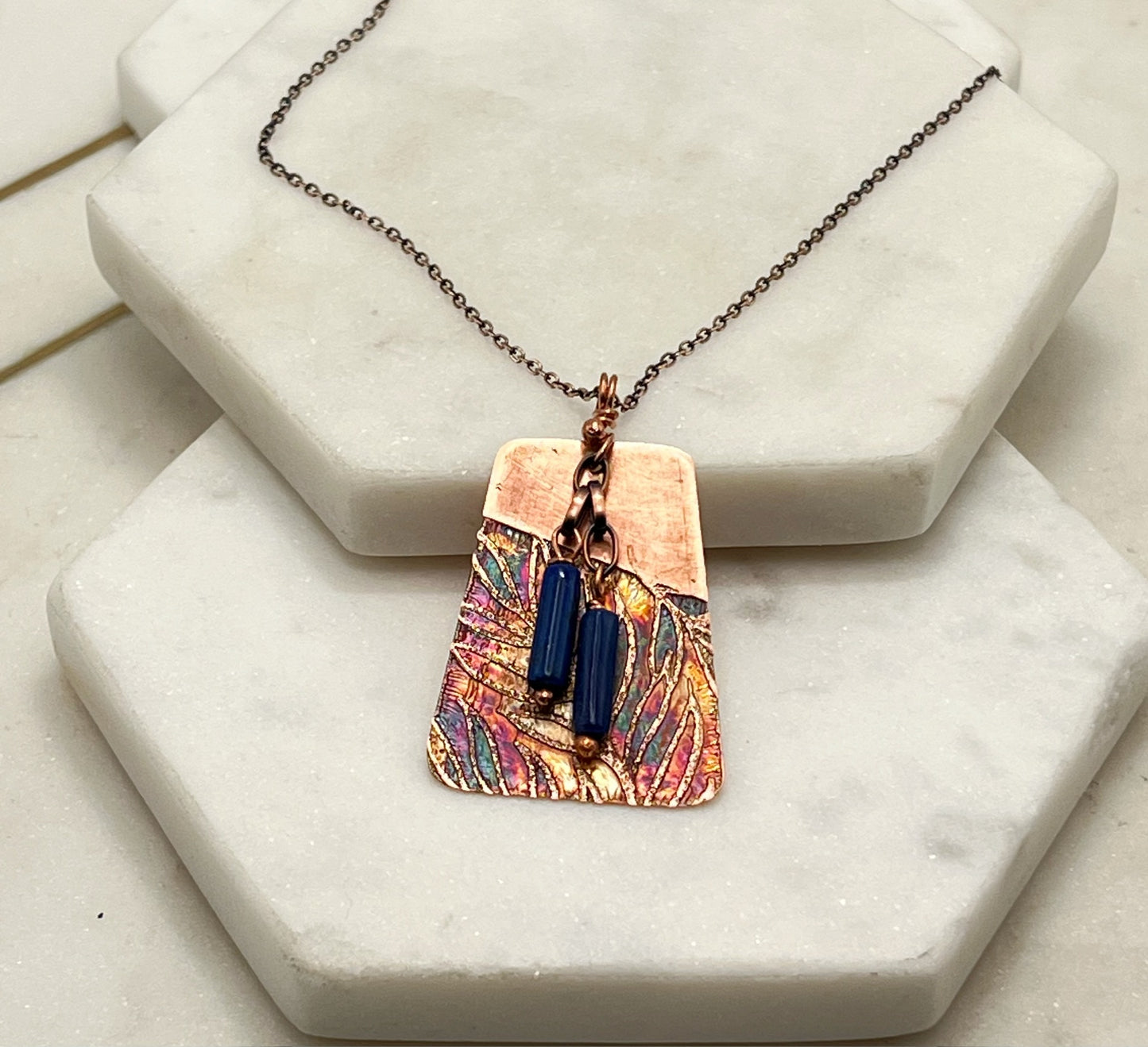 Acid etched copper necklace with lapis gemstones