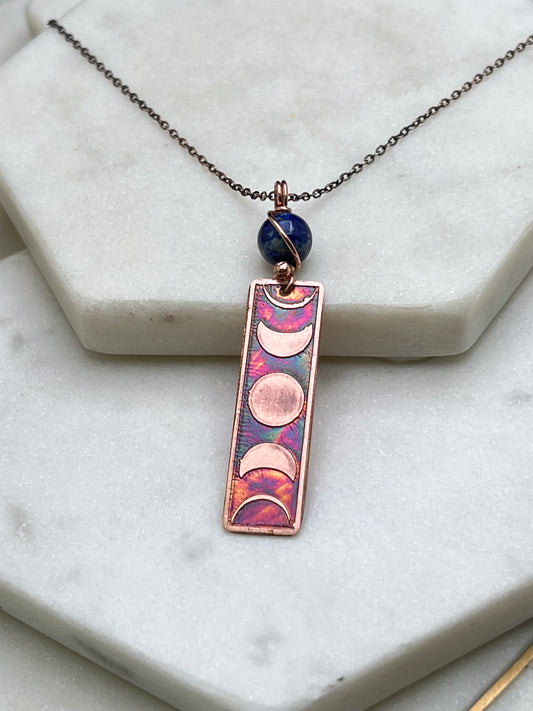 Moon phase acid etched copper necklace with Lapis gemstone