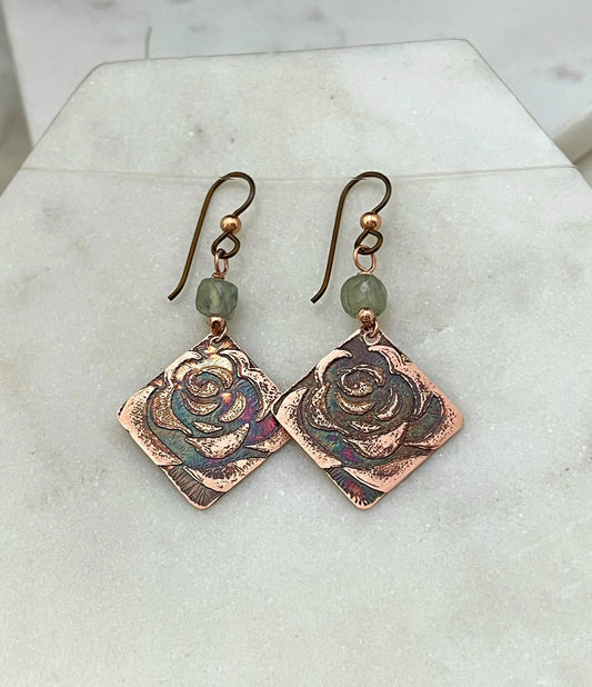 Acid etched copper earrings with prehnite gemstones