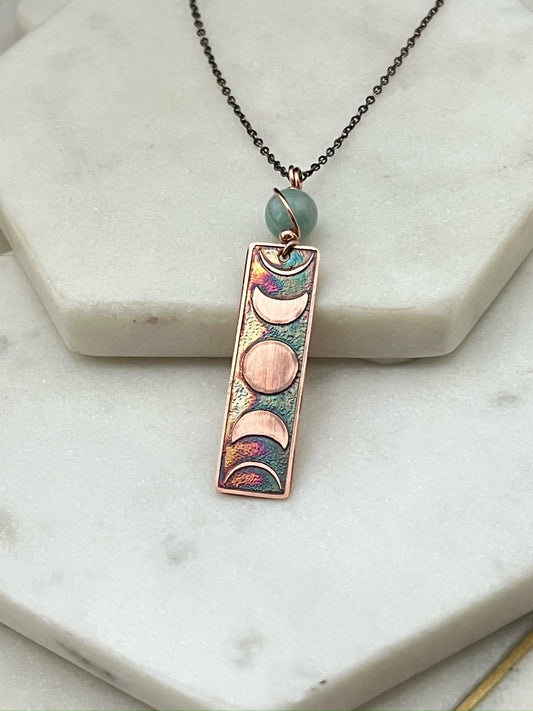 Moon phase acid etched copper necklace with amazonite gemstone