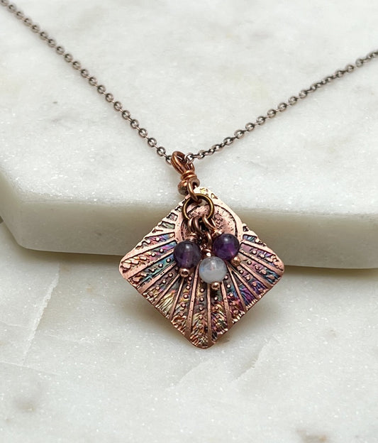 Acid etched copper necklace with moonstone and amethyst gemstones