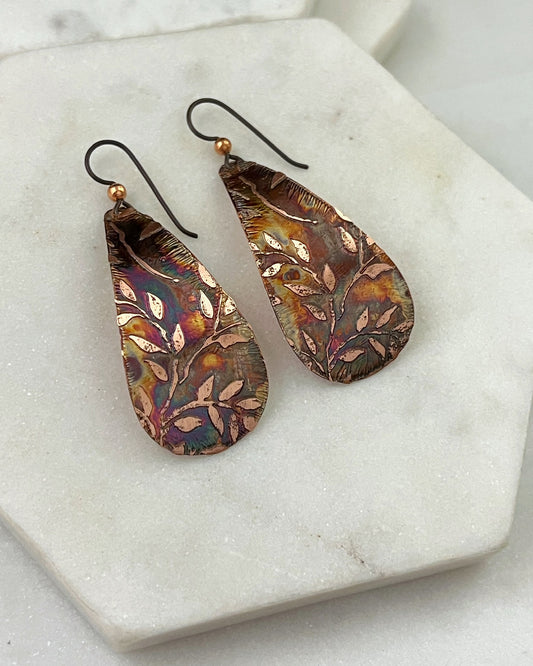 Large acid etched copper teardrop earrings