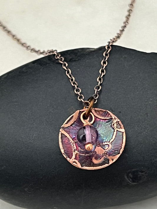 Acid etched copper necklace with amethyst gemstone