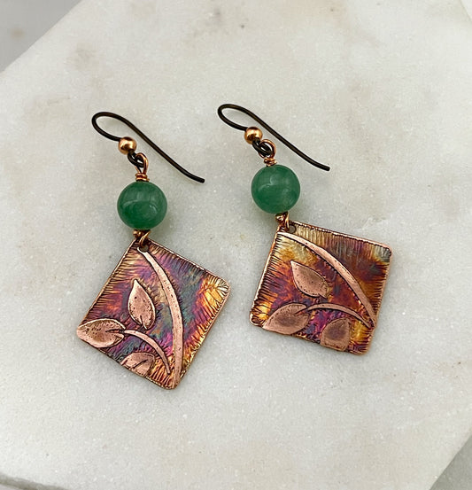 Acid etched copper earrings with aventurine gemstones