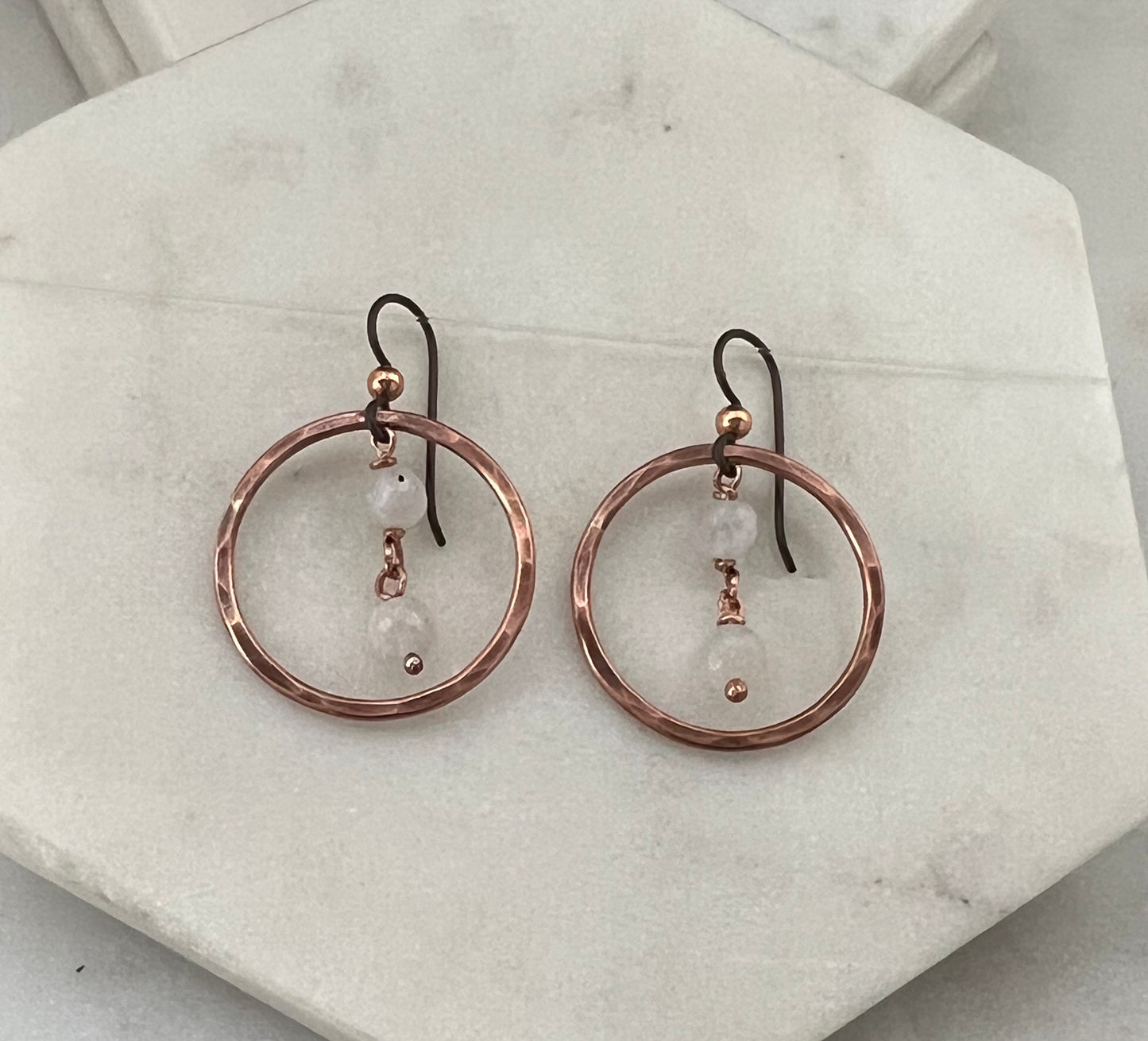 Copper hoops with moonstone gemstones