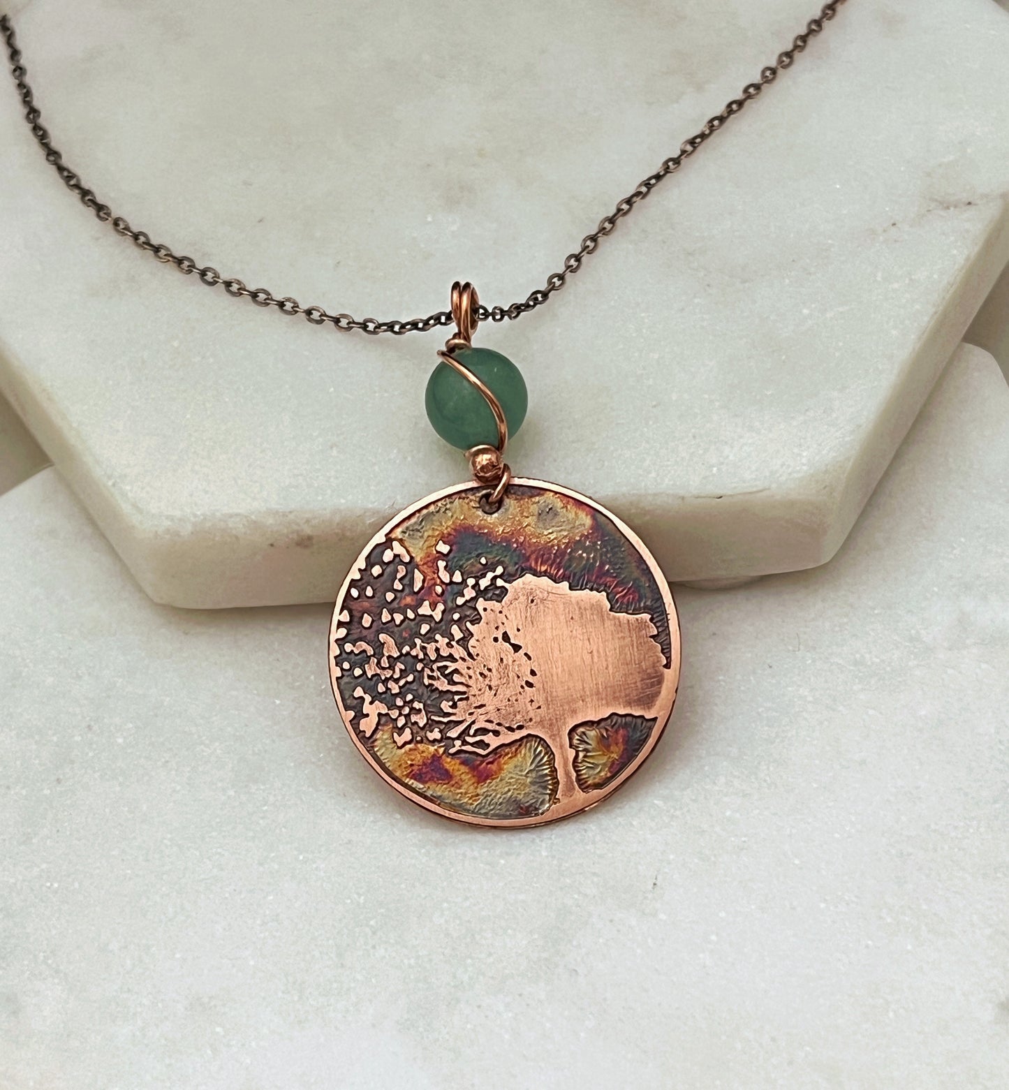 Acid etched copper tree necklace with aventurine gemstone