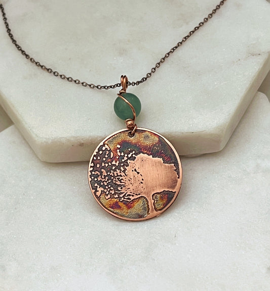 Acid etched copper tree necklace with aventurine gemstone