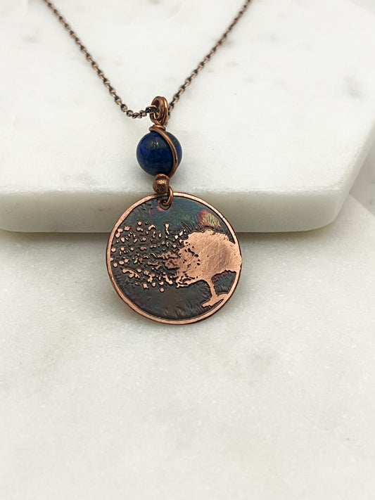 Acid etched copper blowing tree necklace with lapis